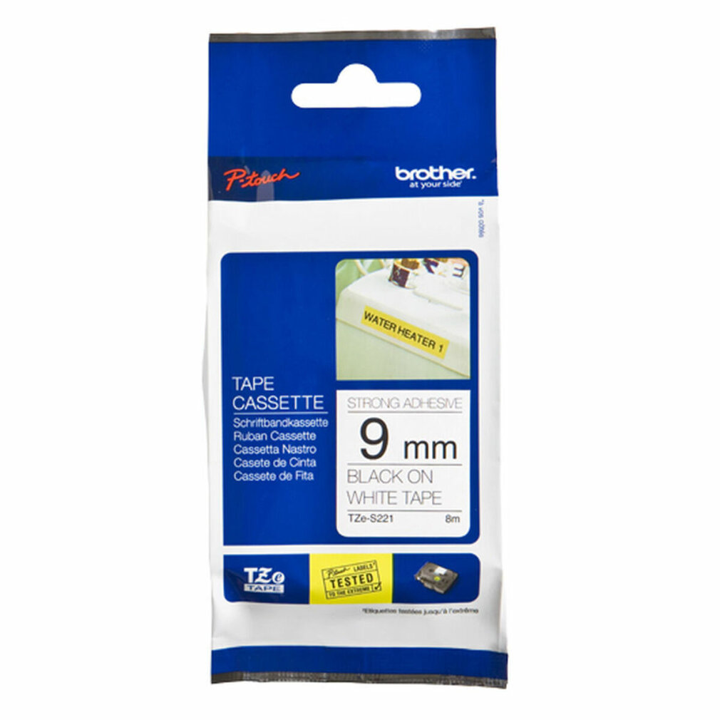 Eine Brother TZe-S221 Etikettentape-Kassette, 9 mm, schwarz auf weiß, mit weißer und blauer Verpackung.