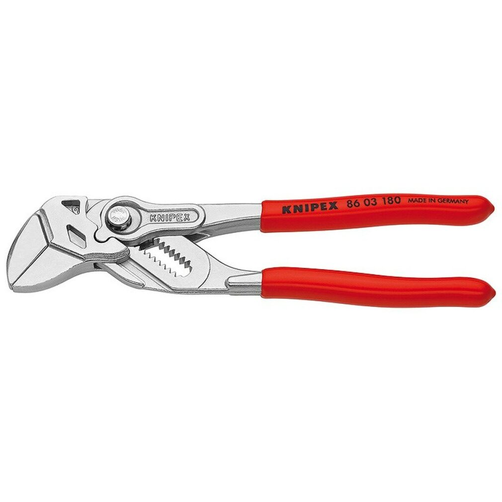 Tang met rode handgrepen en zilveren bekken. De merknaam KNIPEX is zichtbaar. Made in Germany is ook zichtbaar.