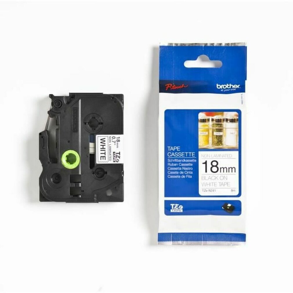 Eine Brother TZe-N241 Etikettentape-Kassette mit schwarzem Text auf weiß. Die Verpackung ist weiß und blau.