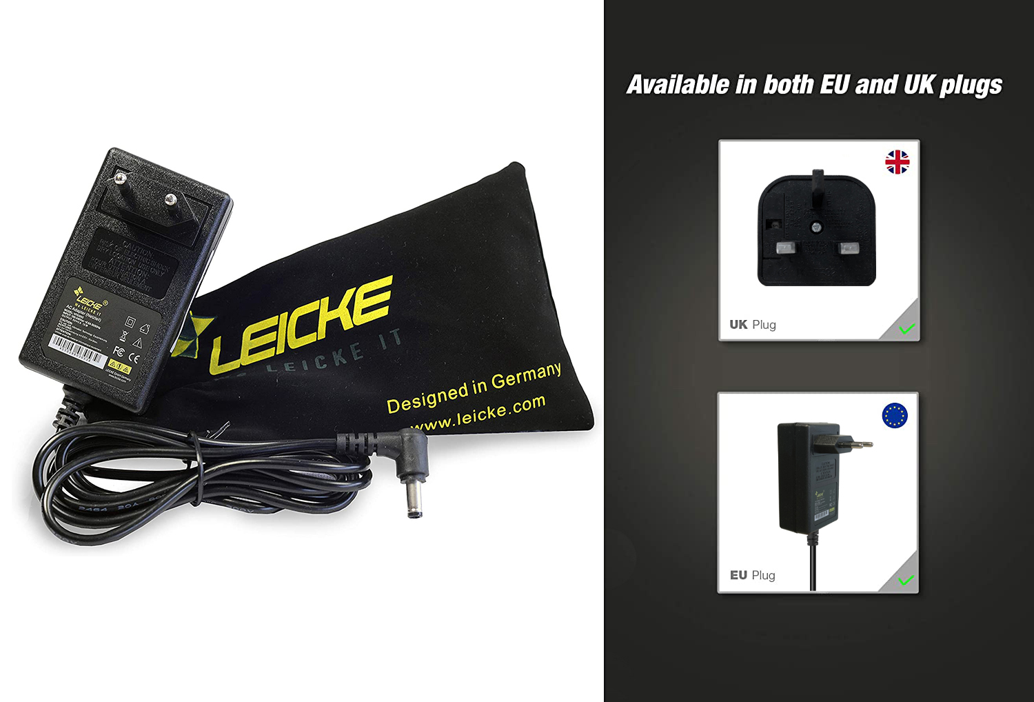 Schwarzes Netzteil mit schwarzem Kabel und Tasche. Auf der Tasche steht LEICKE IT. Zeigt UK- und EU-Steckeroptionen.