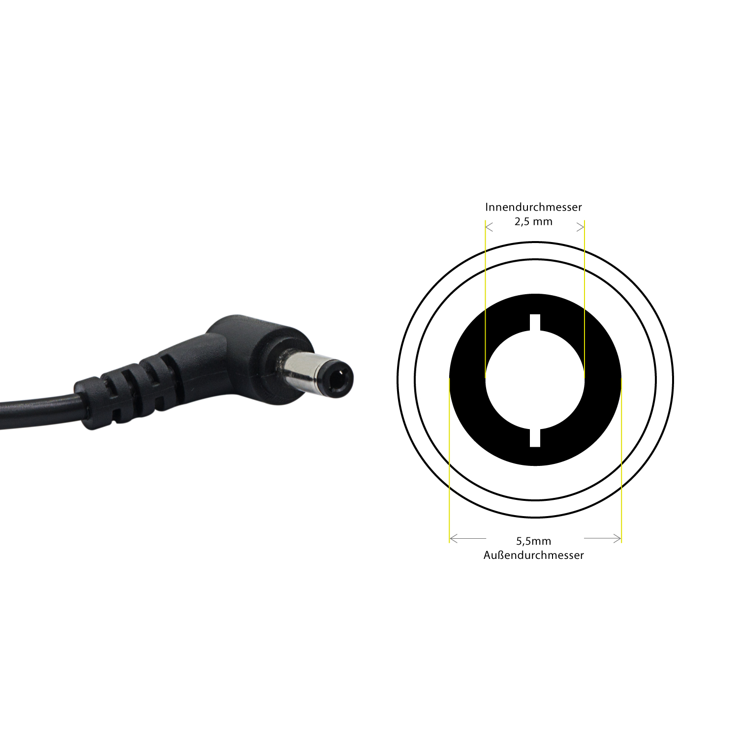 Nahaufnahme eines schwarzen Netzteilsteckers. Der Stecker ist abgewinkelt und zeigt die Abmessungen und die Form des Lochs.