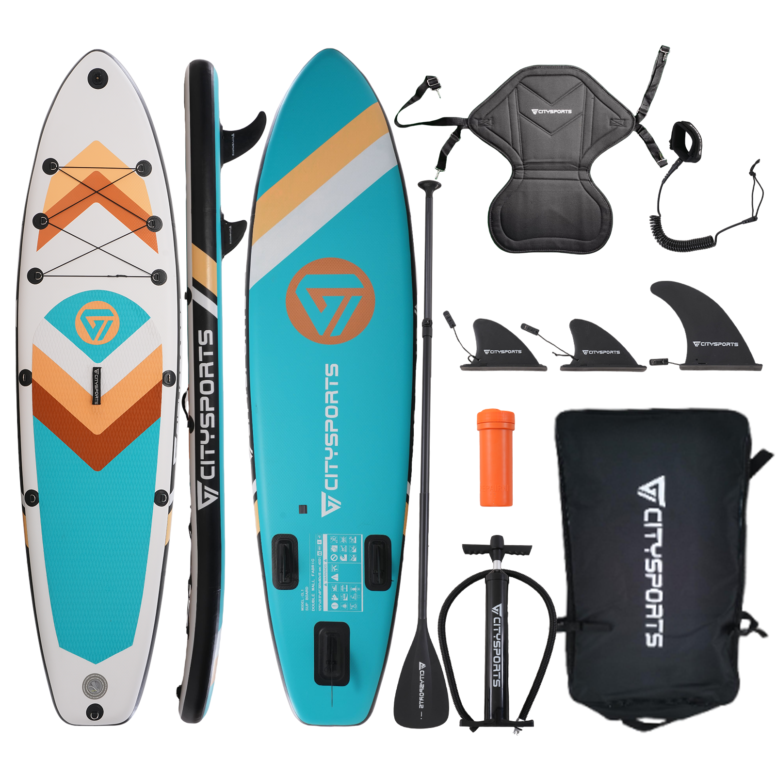 Zestaw deski SUP z niebiesko-pomarańczowym designem, różnymi akcesoriami i marką 'CITYSPORTS'.