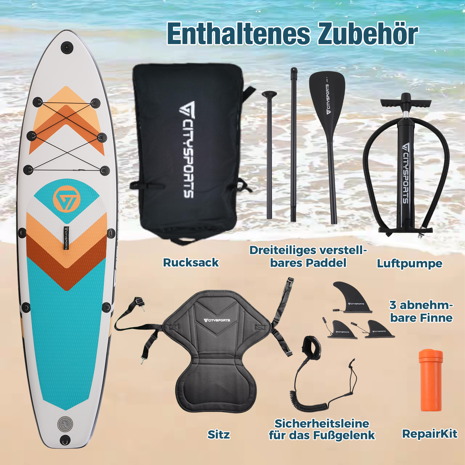 Ein Stand-Up-Paddleboard-Set mit Zubehör. Beinhaltet Board, Paddel, Pumpe, Sitz, Finnen und Reparaturset.