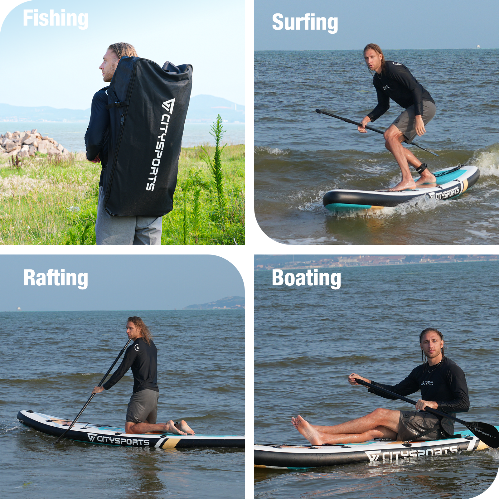 Bilder eines Mannes, der ein Paddleboard zum Angeln, Surfen, Rafting und Bootfahren in verschiedenen Umgebungen verwendet.