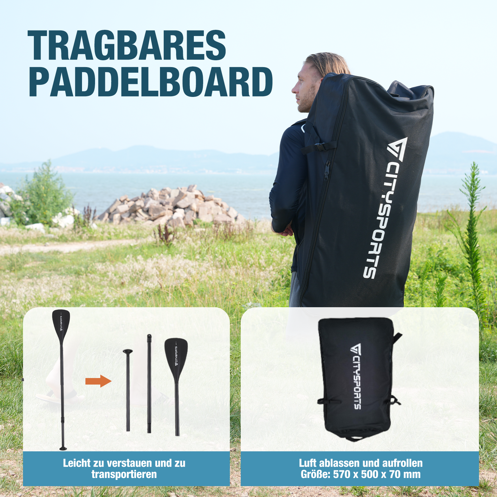 Mann trägt eine schwarze Paddelboardtasche mit weißem CITYSPORTS-Logo. Paddel und Tasche sind zur einfachen Aufbewahrung abgebildet.