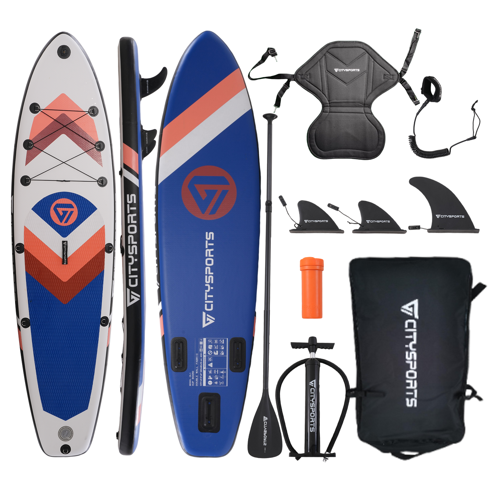 Zestaw deski SUP z niebiesko-koralowym designem, różnymi akcesoriami i marką 'CITYSPORTS'.