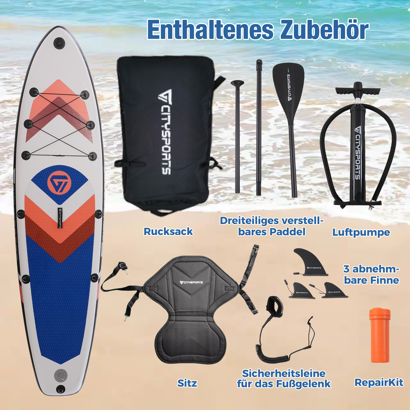 Ein Stand-Up-Paddleboard-Set mit Zubehör, einschließlich Board, Paddel, Pumpe, Sitz, Finnen und Reparaturset.