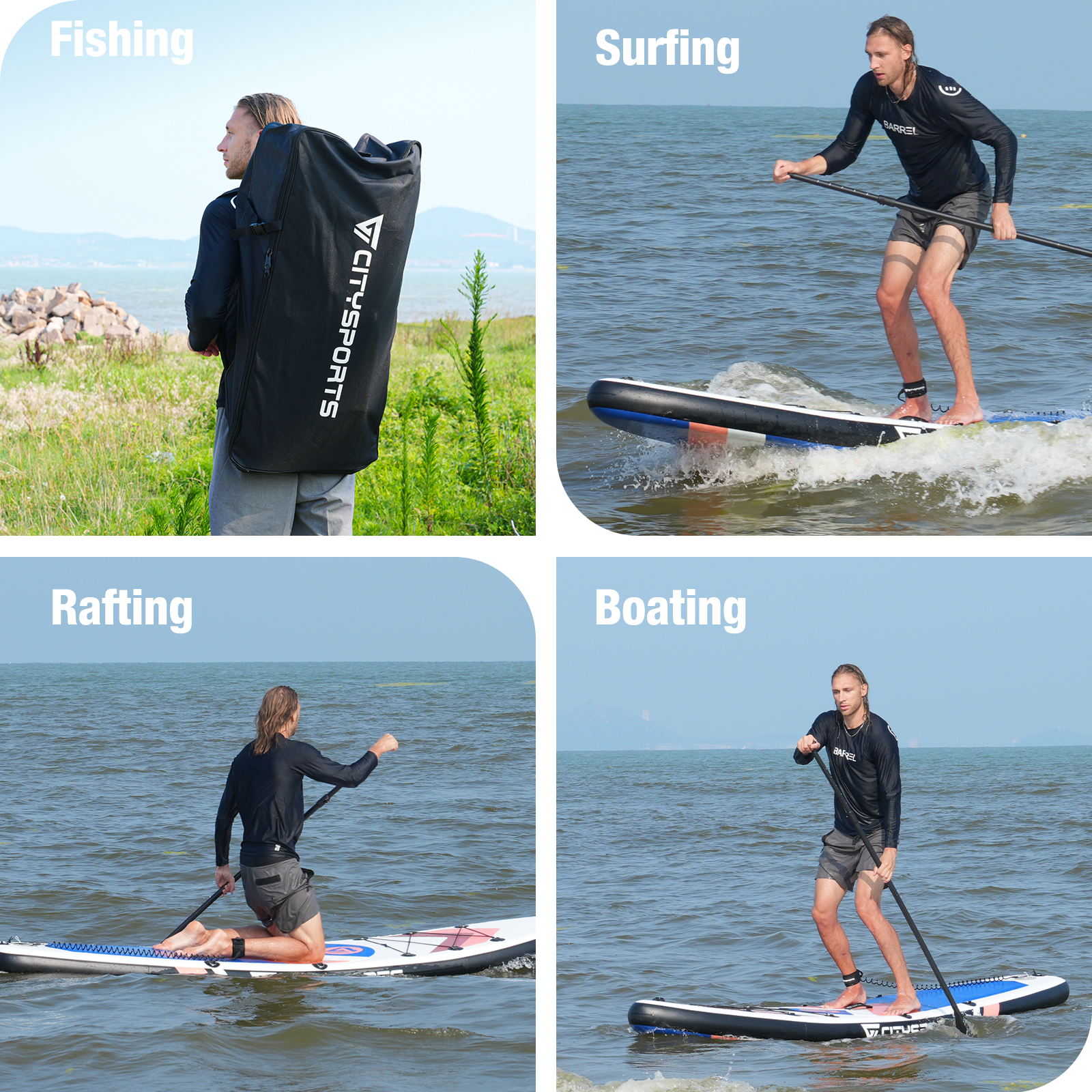 Bilder eines Mannes, der ein Paddleboard zum Angeln, Surfen, Rafting und Bootfahren in verschiedenen Umgebungen verwendet.
