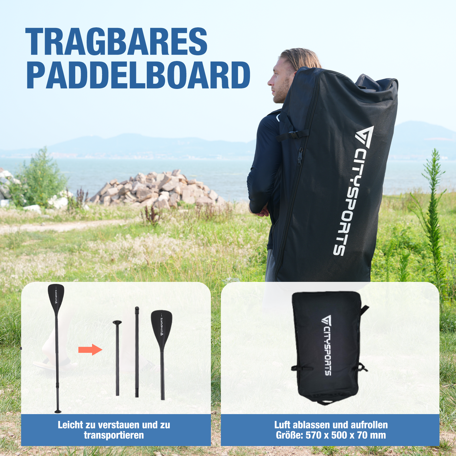 Ein Mann trägt eine schwarze Tasche mit der Aufschrift 'CITYSPORTS' und Bilder zeigen, wie man ein Paddel verstaut und transportiert.