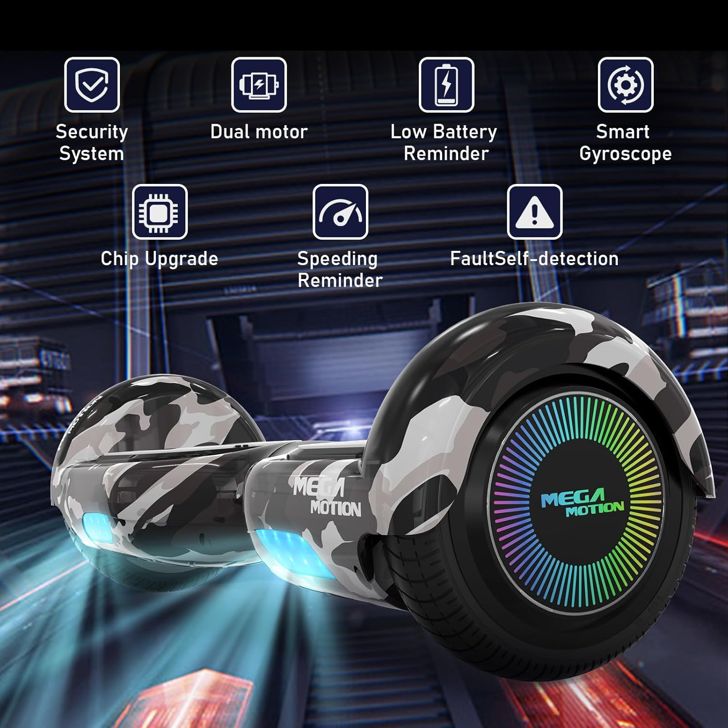 Hoverboard mit Symbolen: Sicherheit, Doppelmotor, Batterie, Chip-Upgrade, Geschwindigkeit, Fehlererkennung.