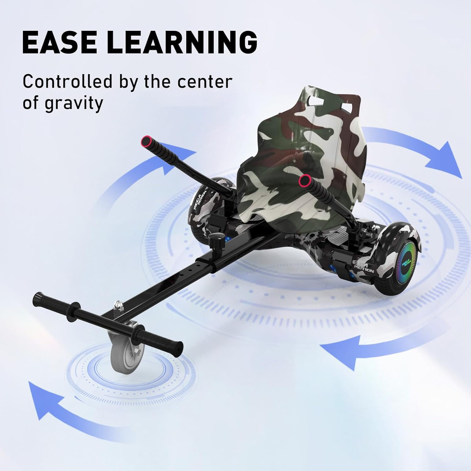 Ein Hoverboard mit Camouflage-Sitz, umgeben von blauen Pfeilen und Text über einfaches Lernen.