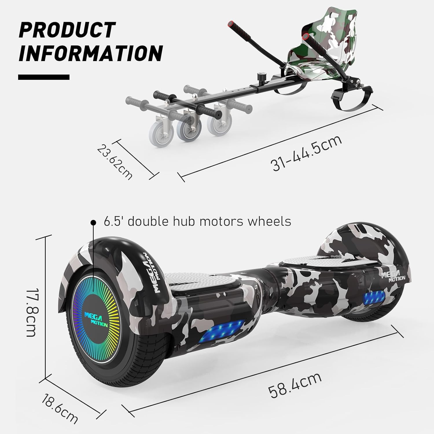 Produktinformationen eines Hoverboards mit schwarz-weißem Camouflagemuster, einschließlich Abmessungen.