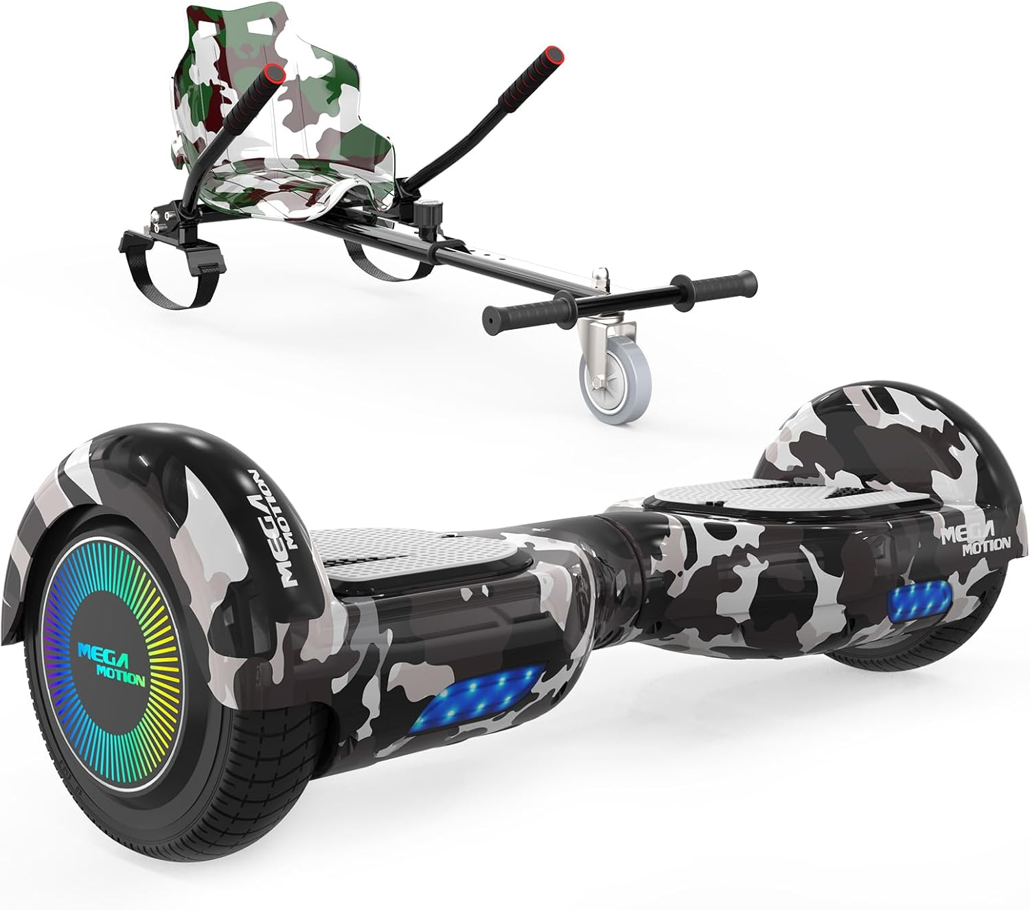 Schwarz-weiß Camo Hoverboard und Camo Hoverkart. Hoverkart hat einen Camo Sitz mit roten Griffen.