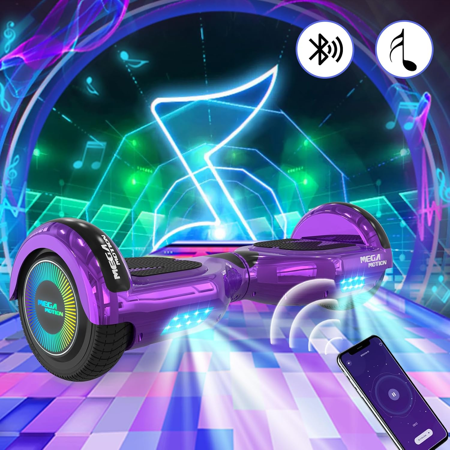 Lila Hoverboard mit Telefon, Noten und Bluetooth-Symbolen vor buntem Hintergrund.