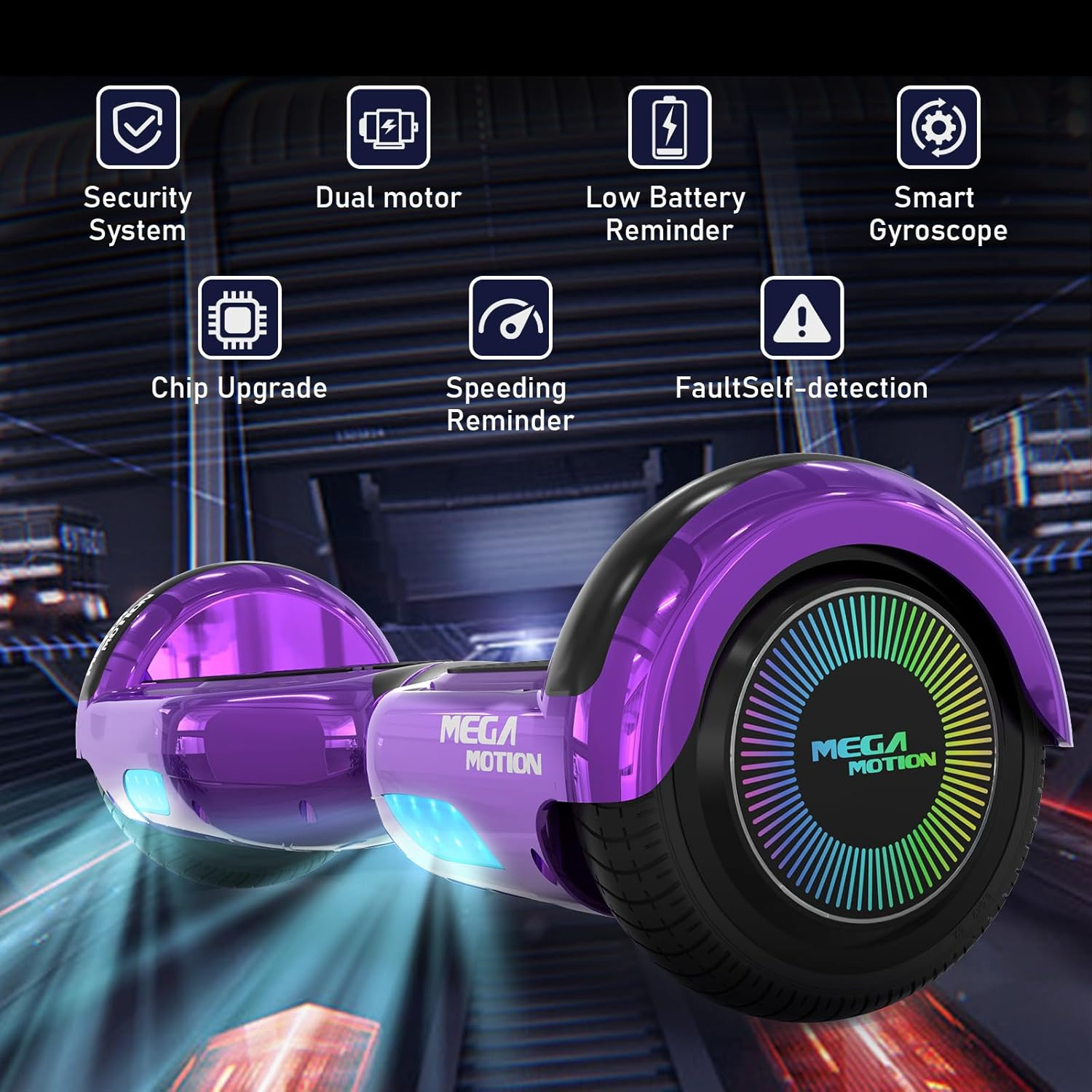 Lila Hoverboard mit Symbolen: Sicherheit, Doppelmotor, Batterie, Chip-Upgrade, Geschwindigkeit, Fehler.