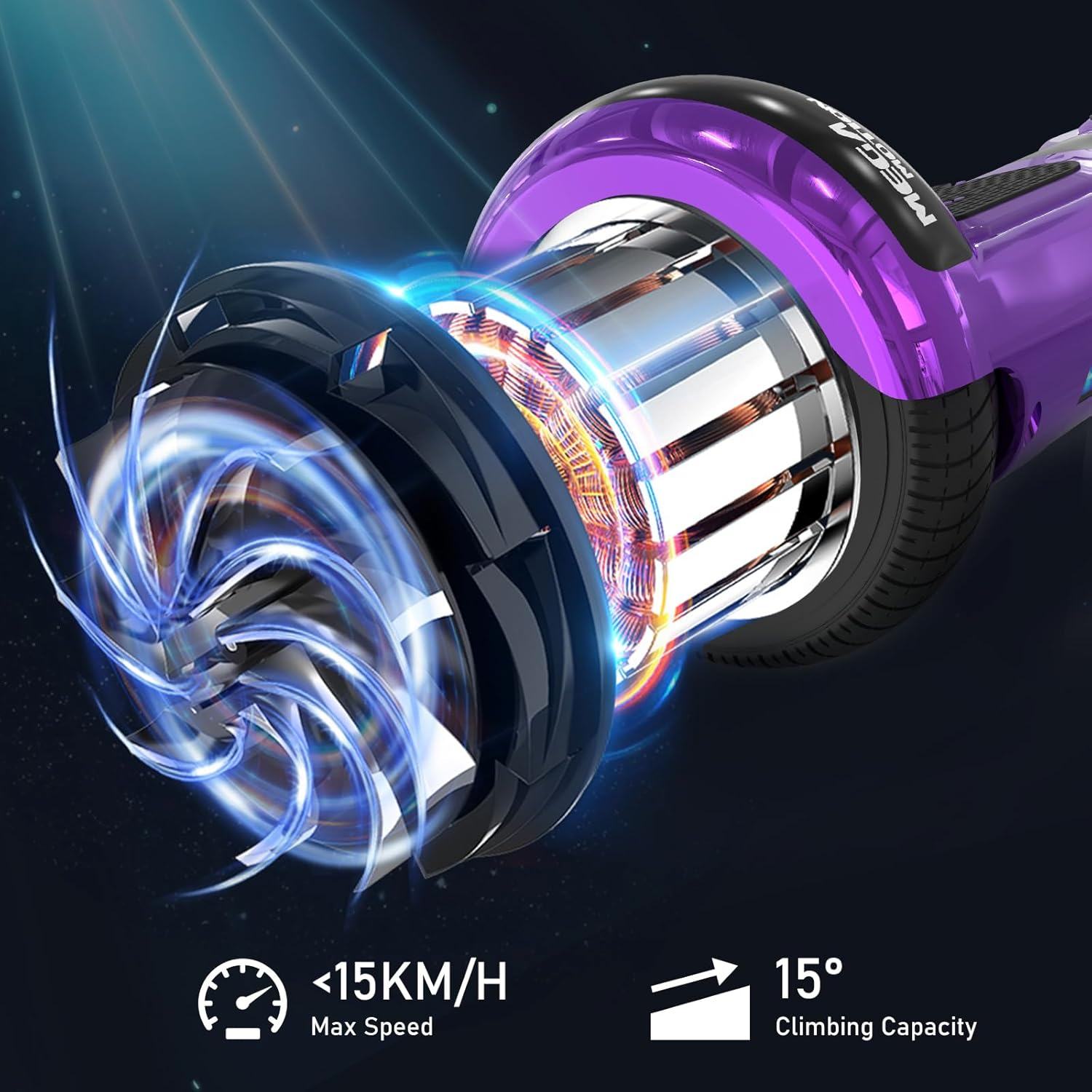 Nahaufnahme des lila Hoverboard-Motors mit maximaler Geschwindigkeit und Steigfähigkeit.