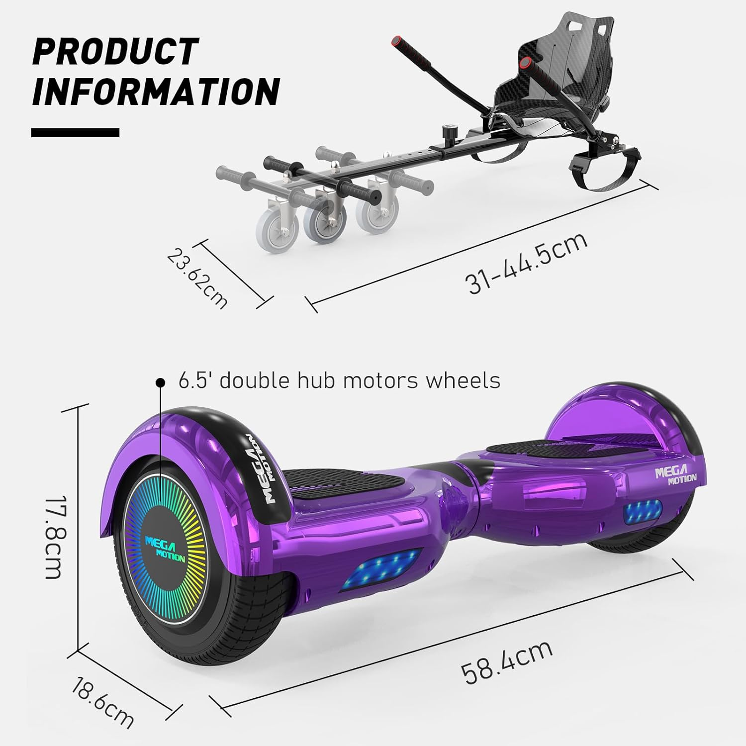Produktinformationen eines lila Hoverboards mit Abmessungen.
