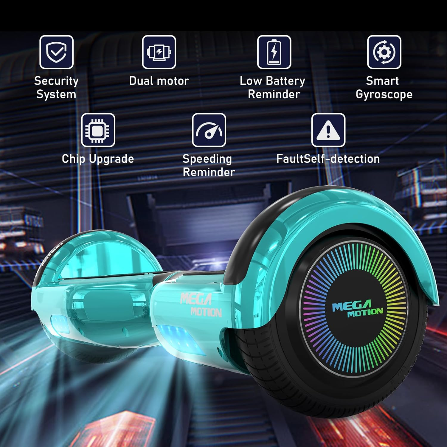 Un hoverboard verde azulado que muestra características: sistema de seguridad, motor dual, recordatorio de batería baja, giroscopio.