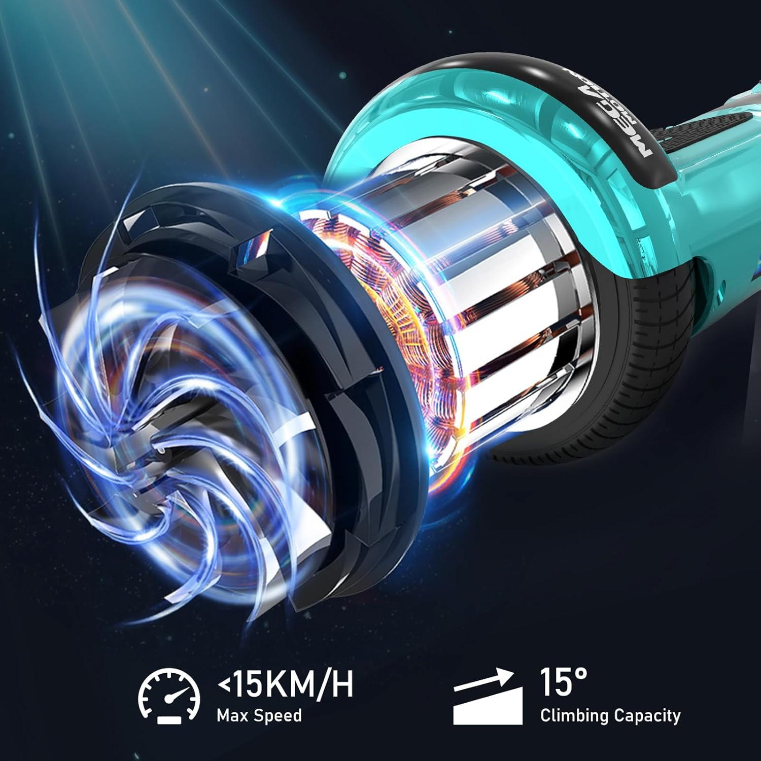 Primer plano de una rueda de hoverboard verde azulado con una velocidad máxima <lt/>15 km/h y 15° de capacidad de ascenso.