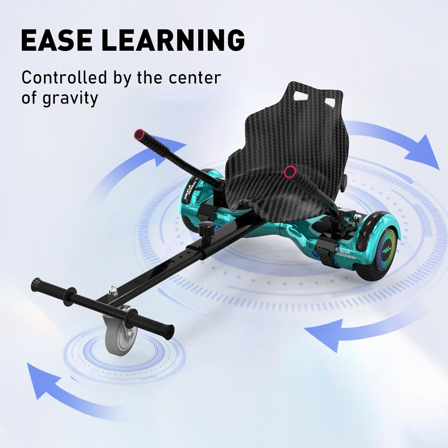 Un hoverboard verde azulado con asiento negro, rodeado de flechas azules y texto sobre la facilidad de aprendizaje.