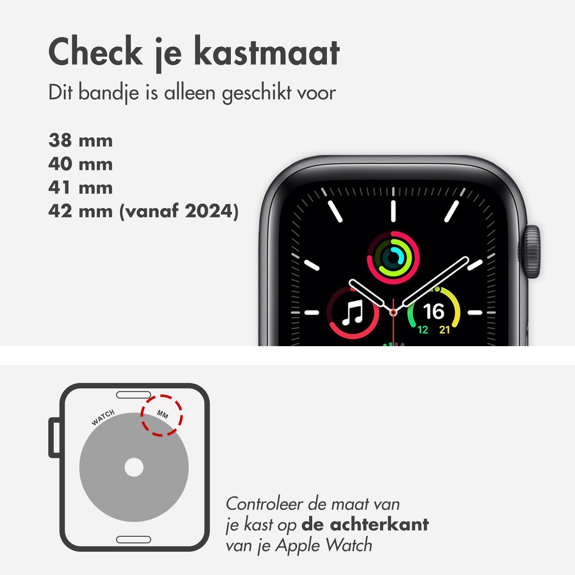 Obraz przedstawia Apple Watch z tekstem wskazującym rozmiary. Tarcza zegarka wyświetla datę i ikonę muzyki. Diagram ilustruje rozmiar zegarka.