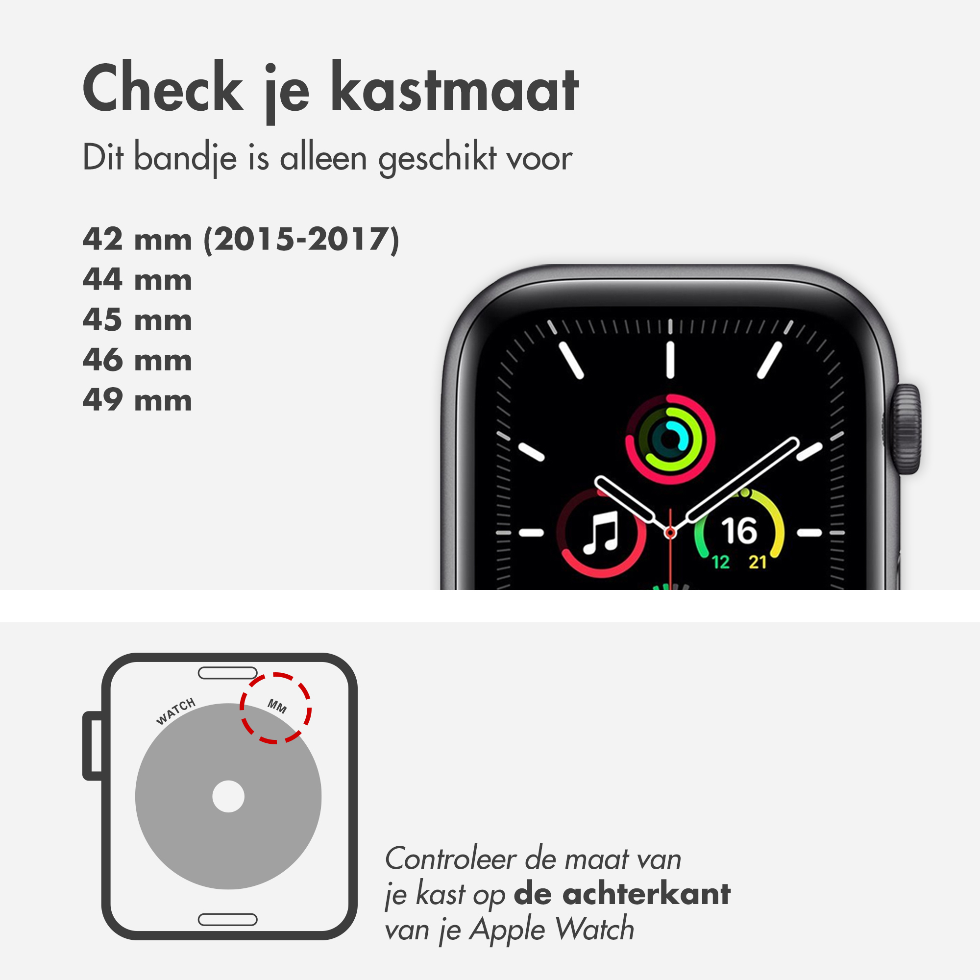 Apple Watch z tekstem: Sprawdź rozmiar koperty. Pokazuje rozmiary zegarków i diagram.