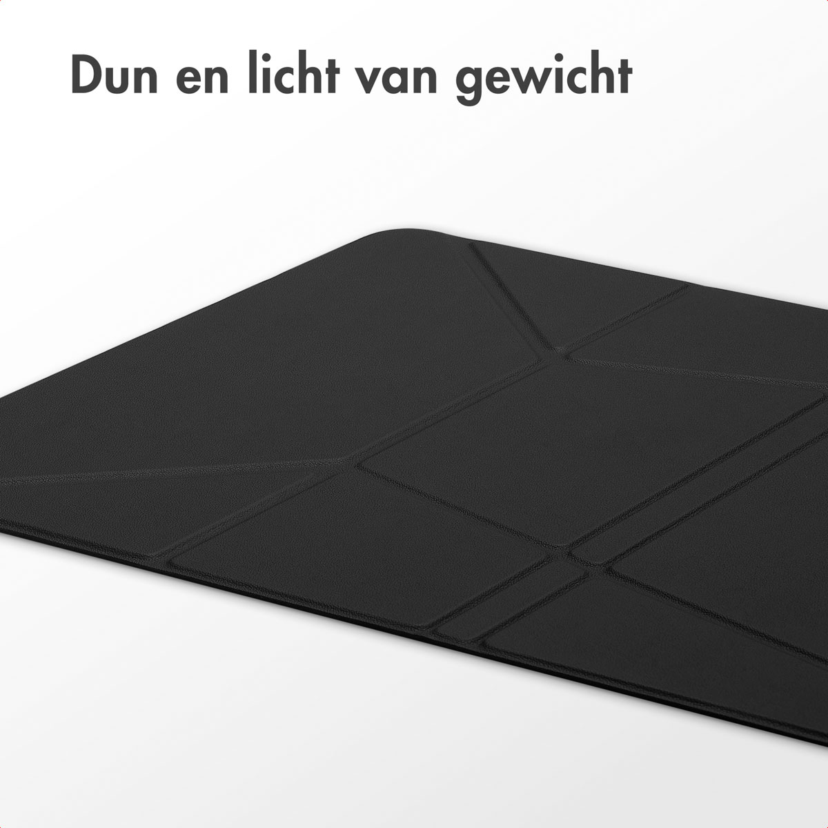 Black, geometric surface. Dutch text: Thin and lightweight.
