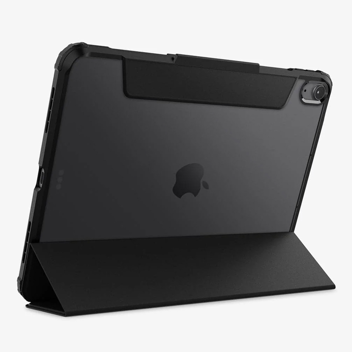 Tablette noire avec étui de protection, debout. L'étui sert de support.