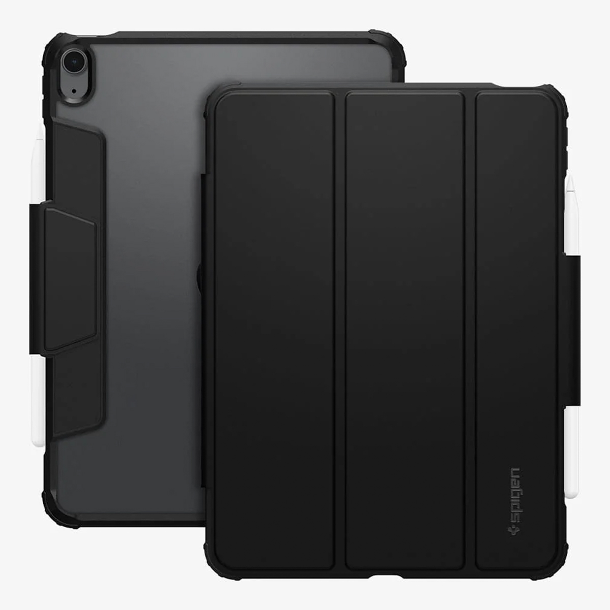 Étui de tablette noir avec rabat magnétique. Deux étuis, un ouvert, un fermé.
