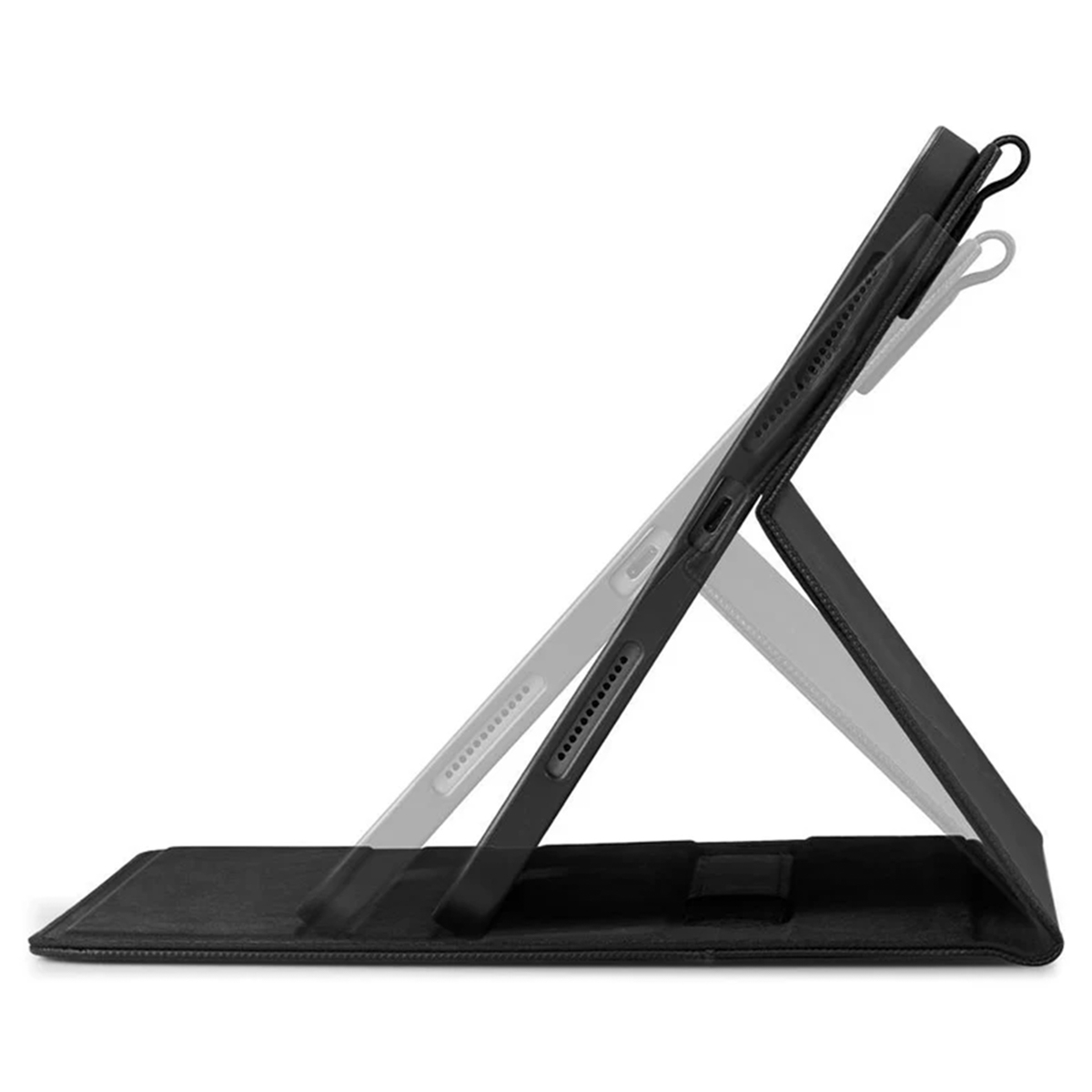 Black tablet case with a stand, showing an angled view. The case is on a white background.