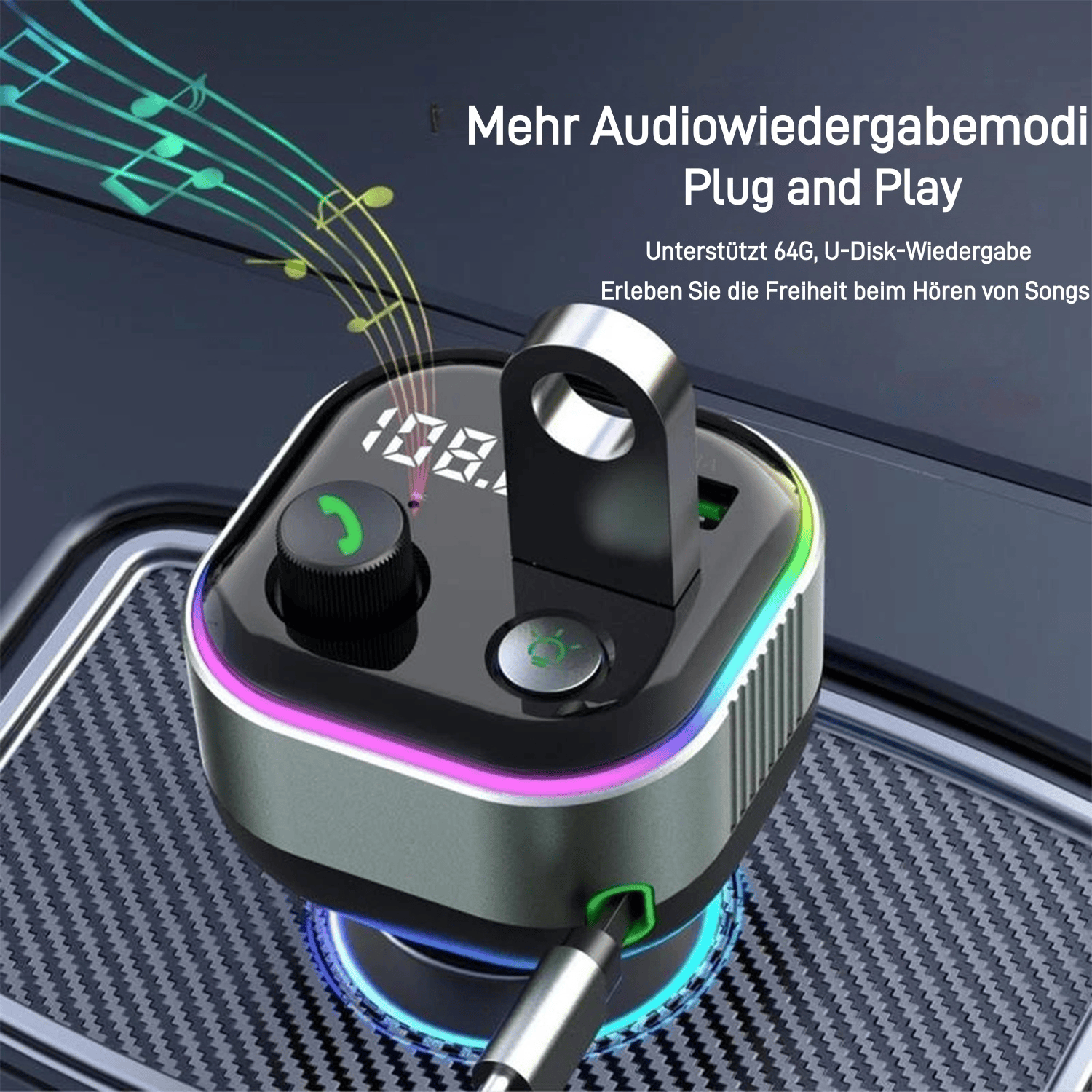 Autoladegerät mit Bildschirm und digitaler Anzeige. Buntes Licht.