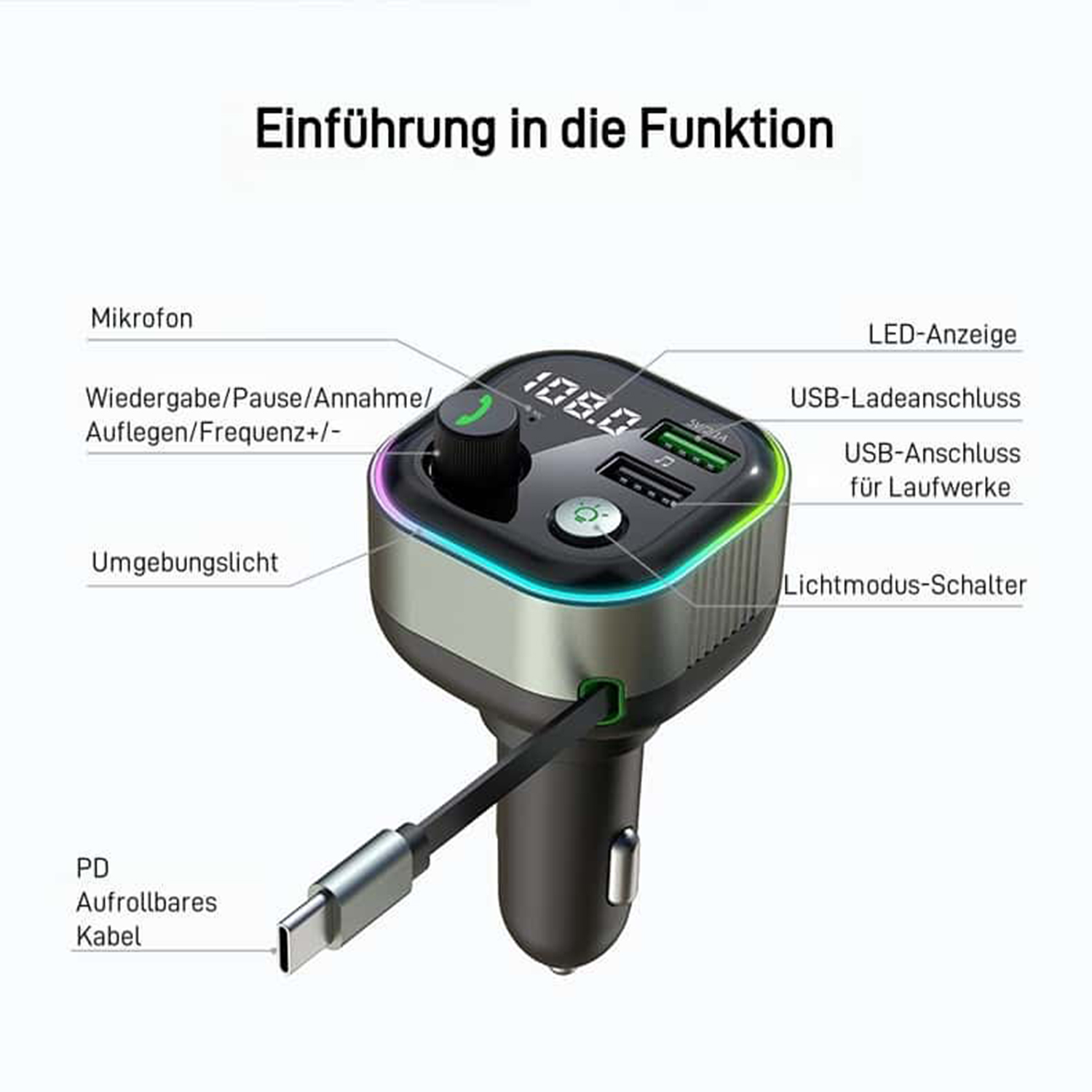 Ein Autogerät mit mehreren Knöpfen und einem Display. Es zeigt eine Digitalanzeige und hat ein Kabel.