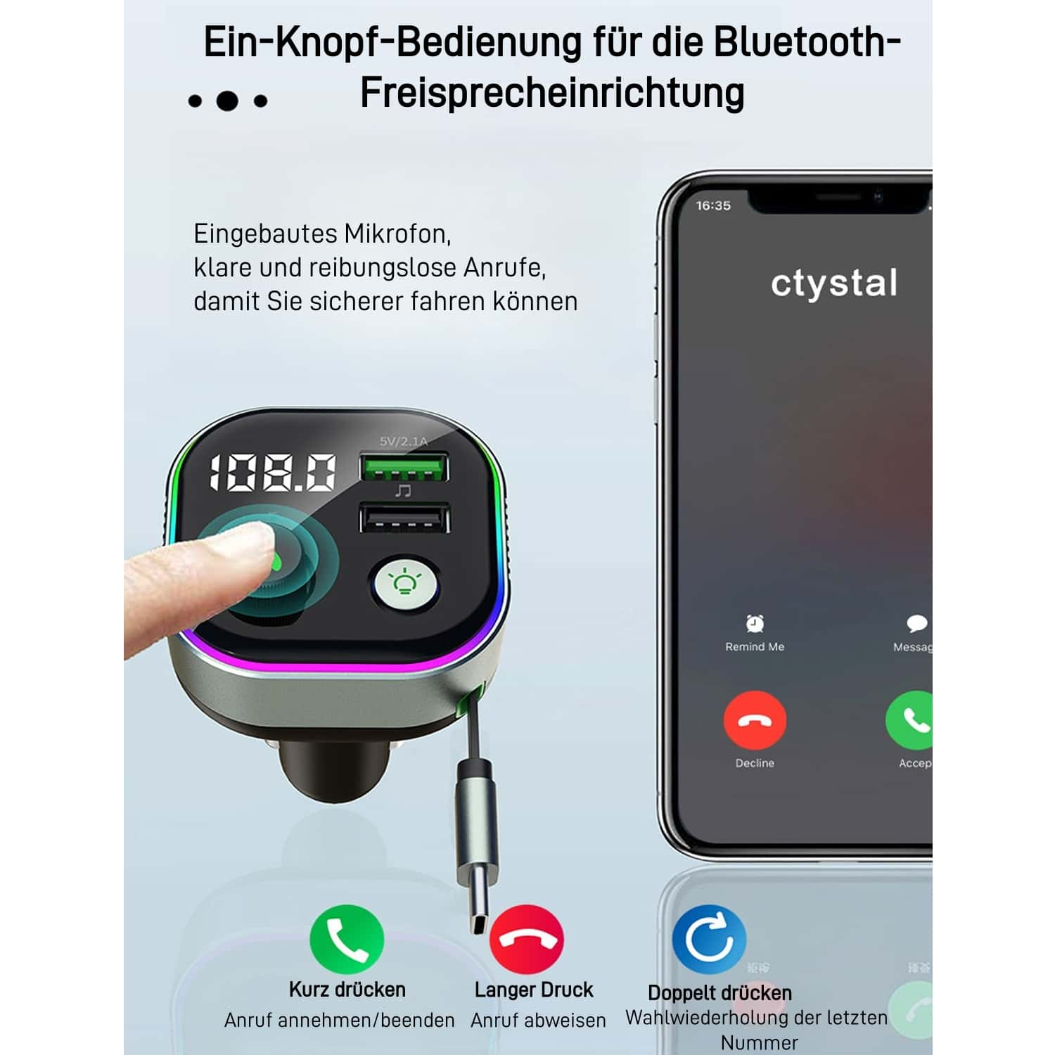 Kfz-Ladegerät mit Telefonbildschirm. Ein Finger berührt das Display.