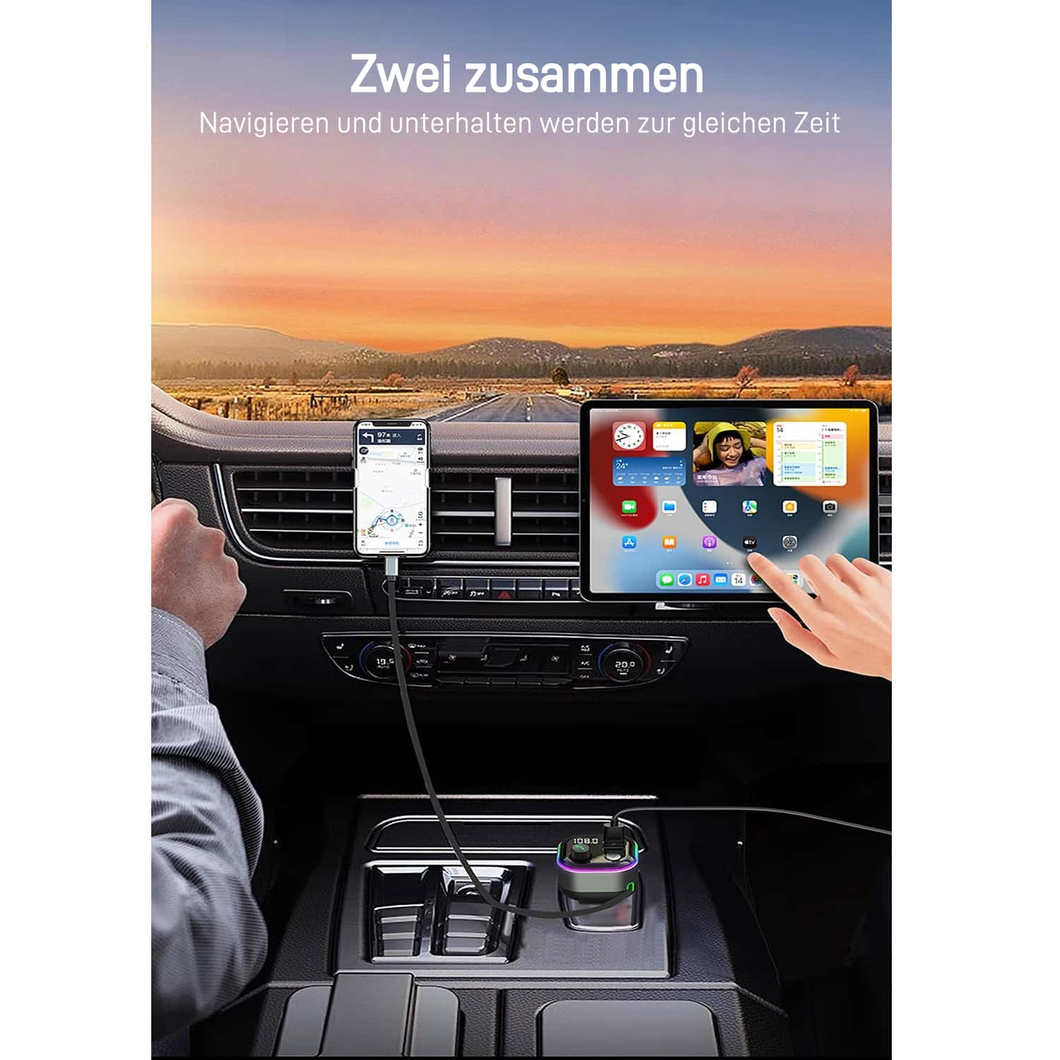 Auto-Innenraum mit montiertem Telefon und Tablet. Navigation und Mediensteuerung.