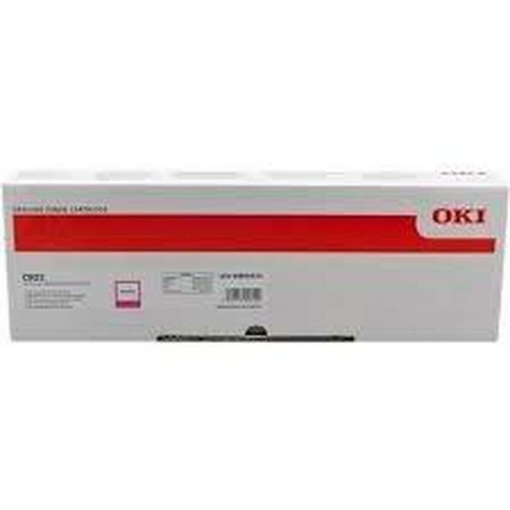 Een witte en rode OKI tonercartridge doos met de merknaam zichtbaar.