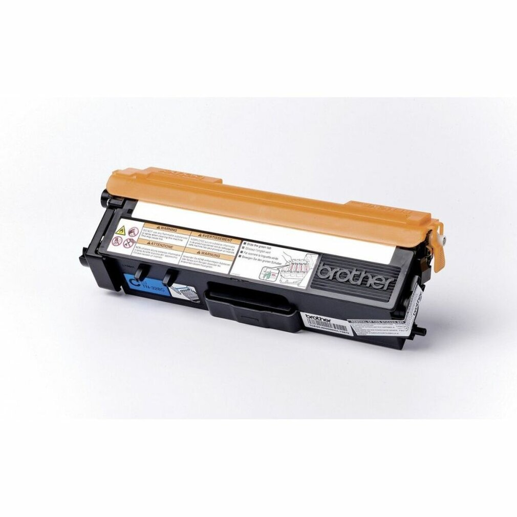 A Brother toner cartridge with an orange top and black body, placed on a white surface.