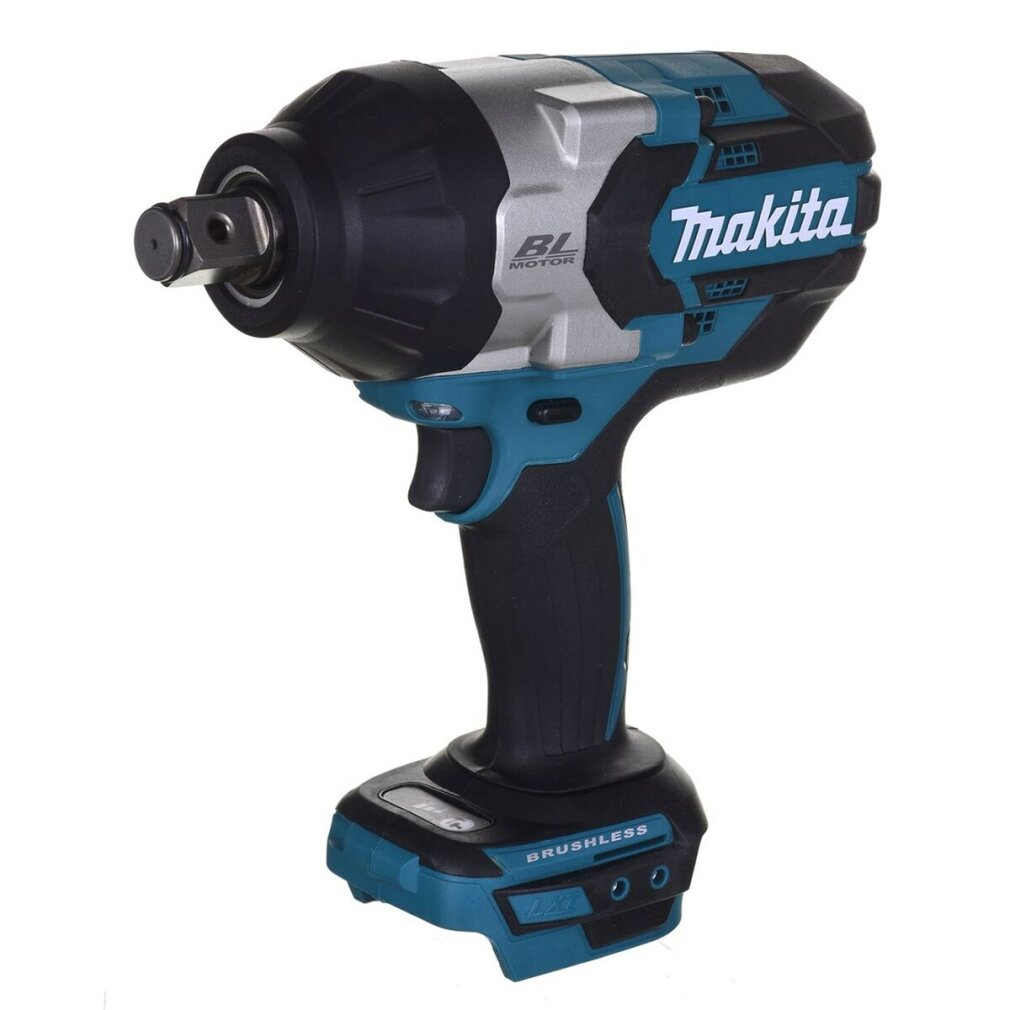 Een Makita slagschroefmachine in een teal en zwart kleurenschema, op een witte achtergrond.