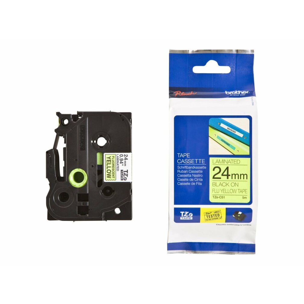 Eine Brother-Etikettendrucker-Bandkassette und ihre Verpackung. Das Band ist gelb.