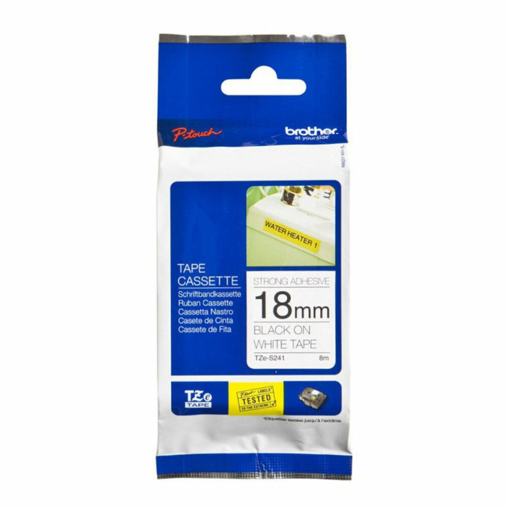Un pacchetto di cassette con la scritta "TAPE CASSETTE" e "18mm BLACK ON WHITE TAPE".