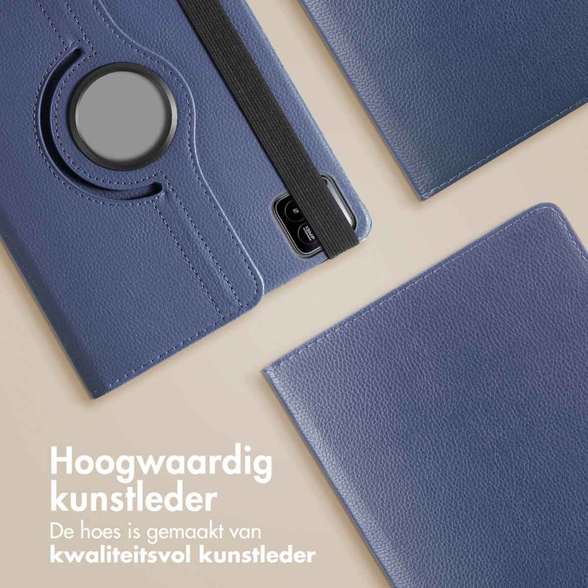 Blue tablet case with a tablet inside. The text "Hoogwaardig kunstleder" is visible, along with the text below it.