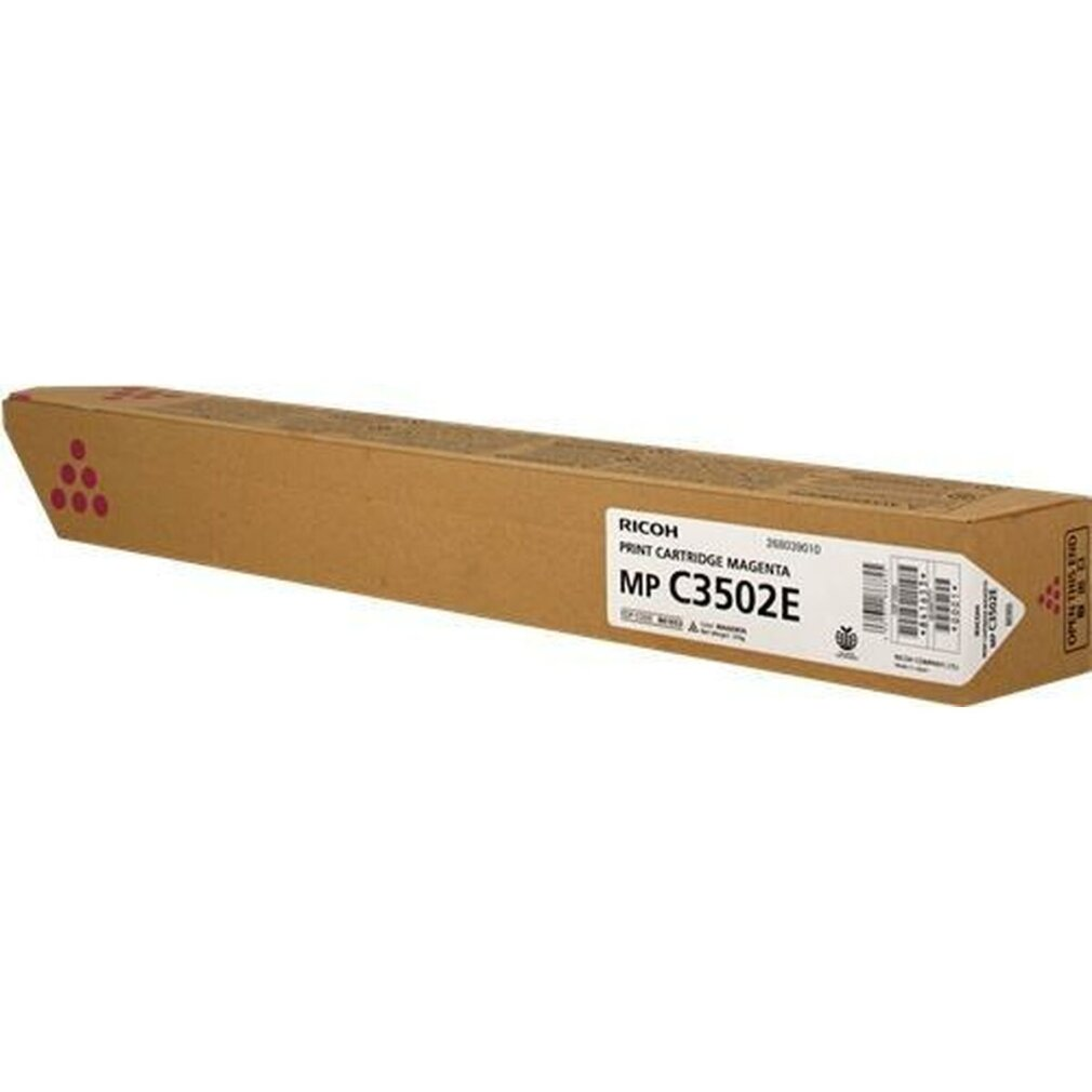 Długie, wąskie pudełko z etykietą z napisem "RICOH PRINT CARTRIDGE MAGENTA MP C3502E".