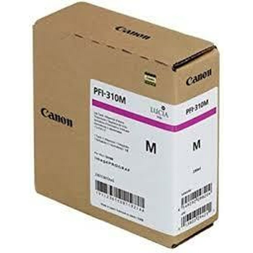 A Canon ink cartridge box, brown with a white label and a magenta 'M'. Canon and LUCIA are printed on it.