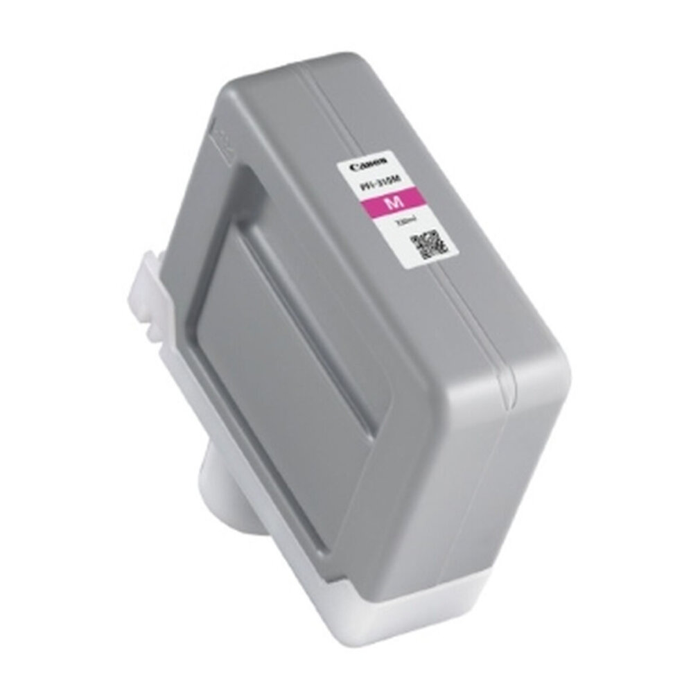 A gray Canon ink cartridge with a white base, label and a purple 'M' on it.