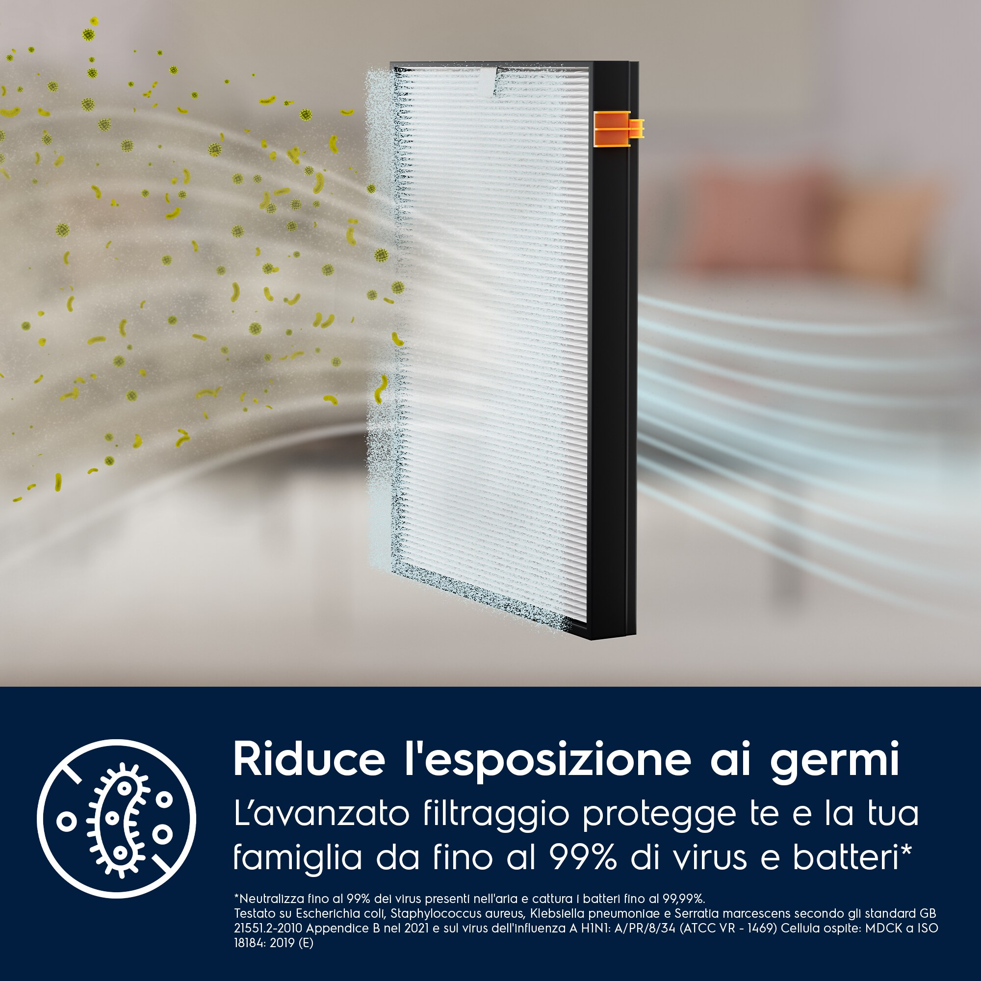 Un filtro con particelle gialle e verdi nell'aria. Il filtro è bianco e nero, con una cornice arancione.