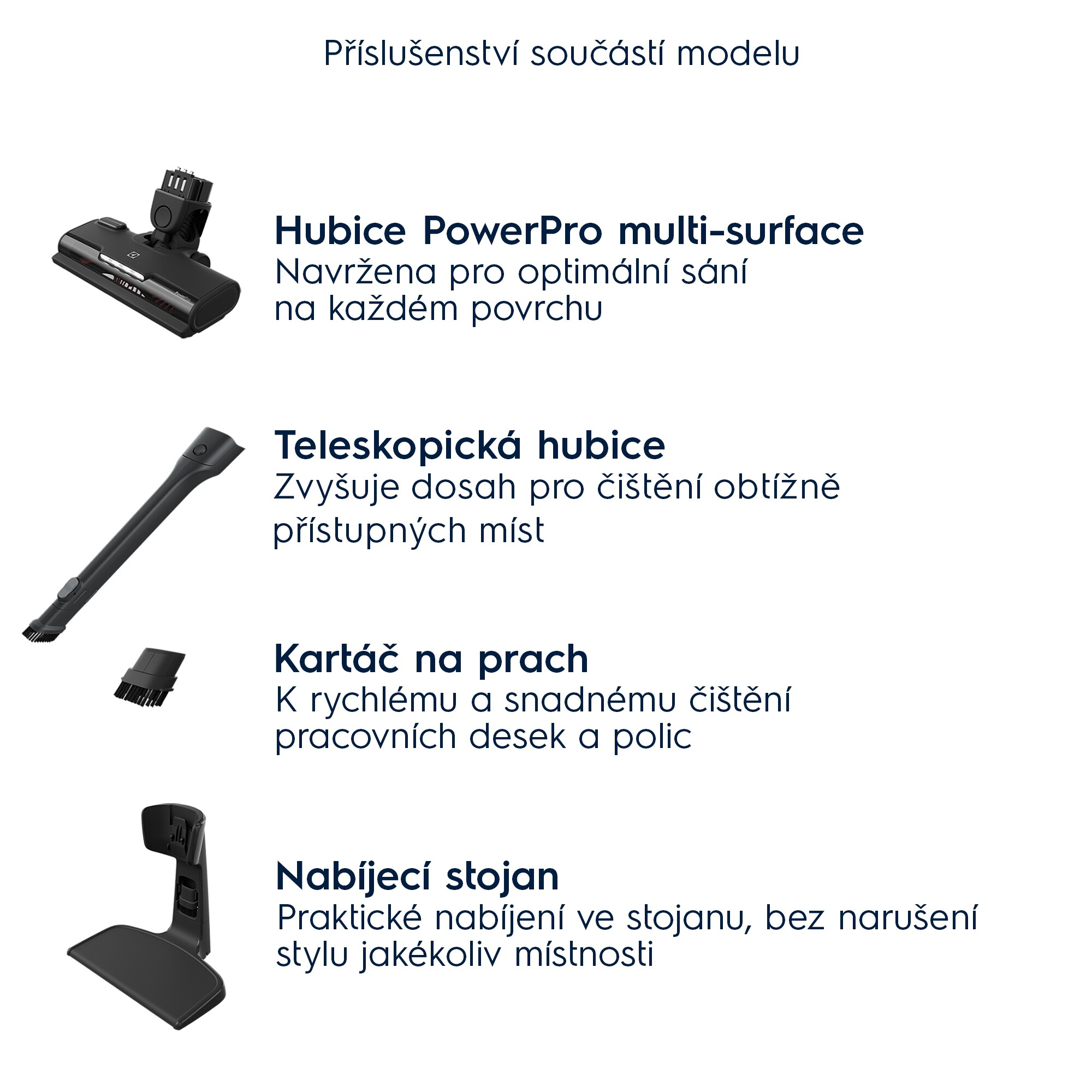 Se muestran varios accesorios de aspiradora con descripciones. Incluye un cabezal multisuperficie, una boquilla telescópica, etc.