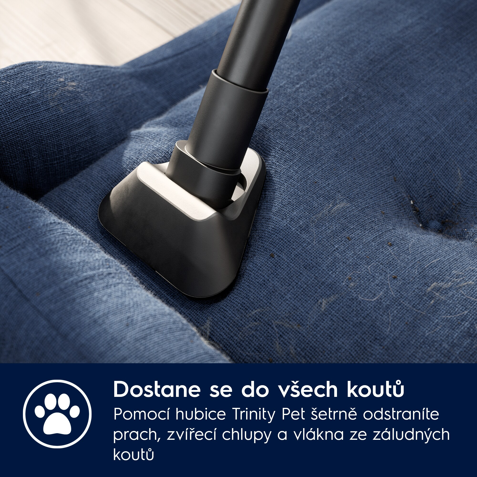 Un accessorio per aspirapolvere sta pulendo un divano blu. Il testo e l'icona della zampa suggeriscono la rimozione dei peli di animali.
