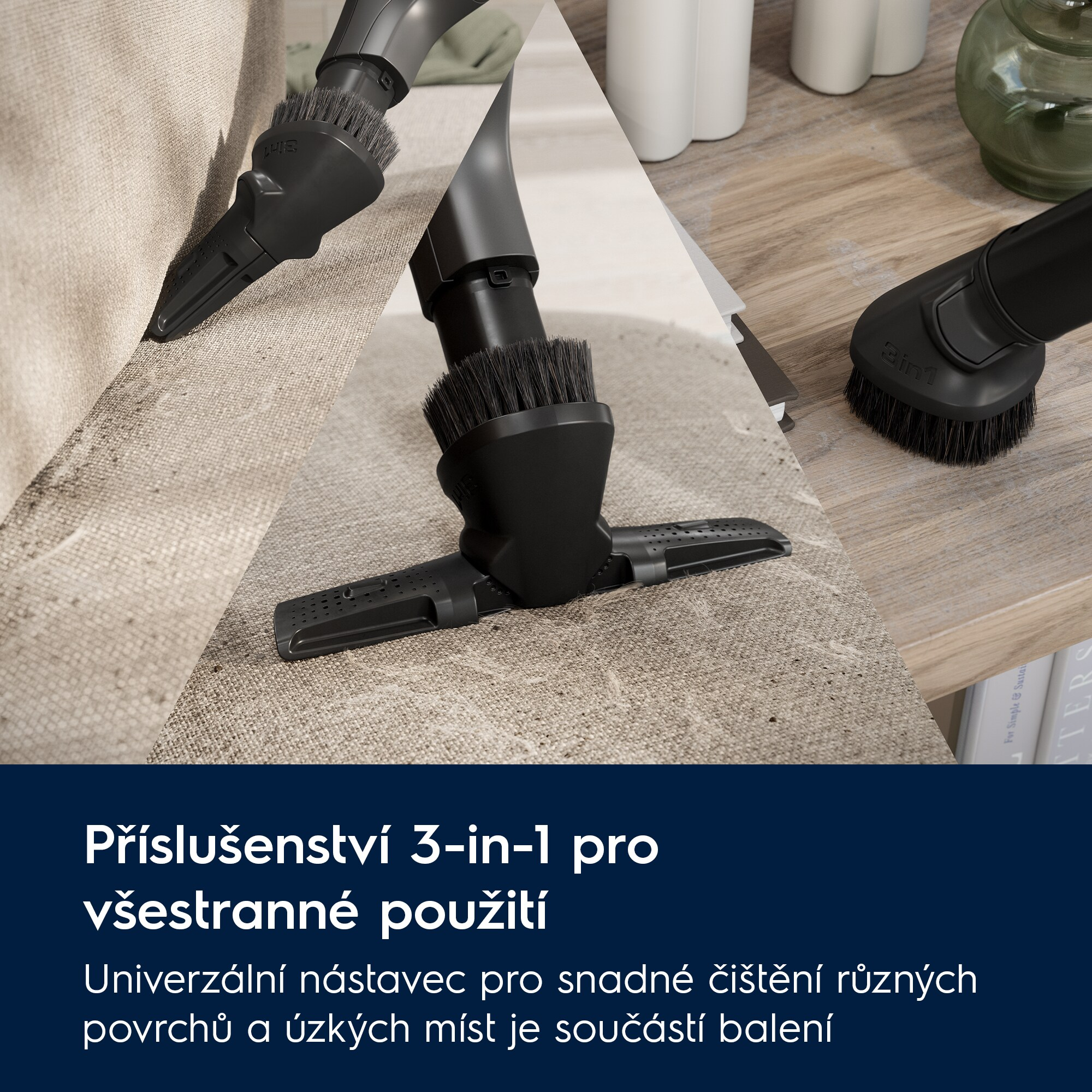 Primo piano di tre accessori per aspirapolvere, che mostrano diverse testine per diverse esigenze di pulizia.