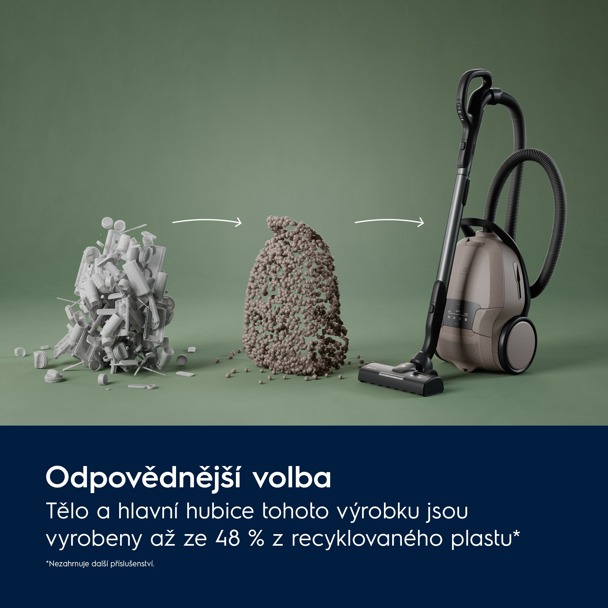 Un aspirapolvere e oggetti di plastica di scarto per illustrare il riciclaggio. Sfondo verde.