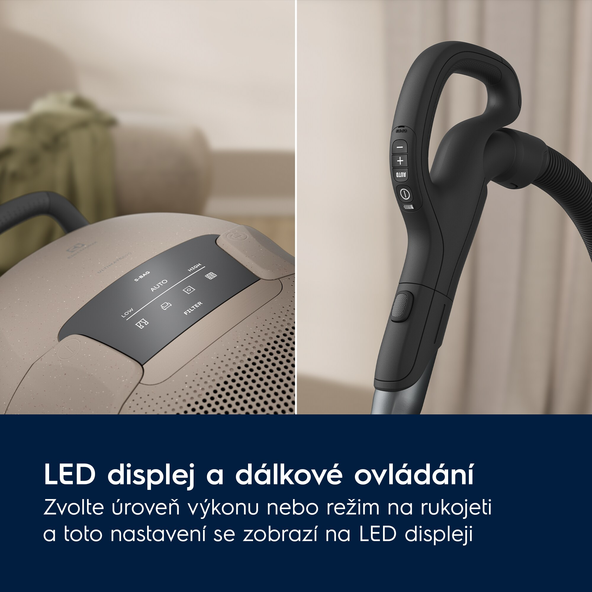 Primo piano del pannello di controllo e dell'impugnatura di un aspirapolvere, che illustra il display a LED e il telecomando.