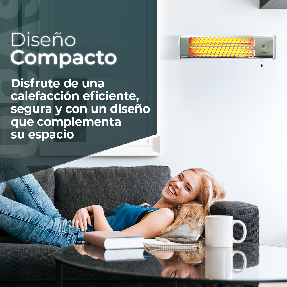 Una mujer reclinada en un sofá con un calentador al fondo. El texto dice 'Diseño compacto'.